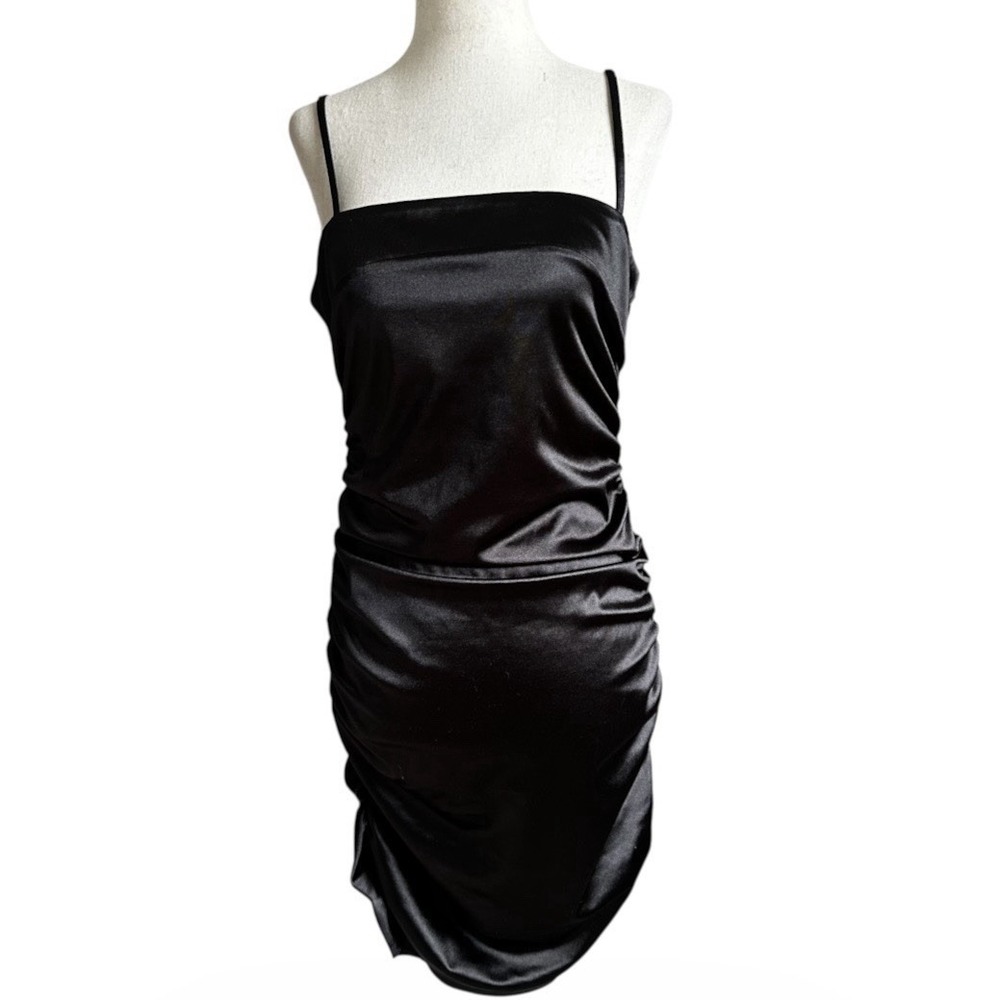 Forever 21 Black Satin Mini Dress Party Ruched Large Adjustable Strap | 16-13